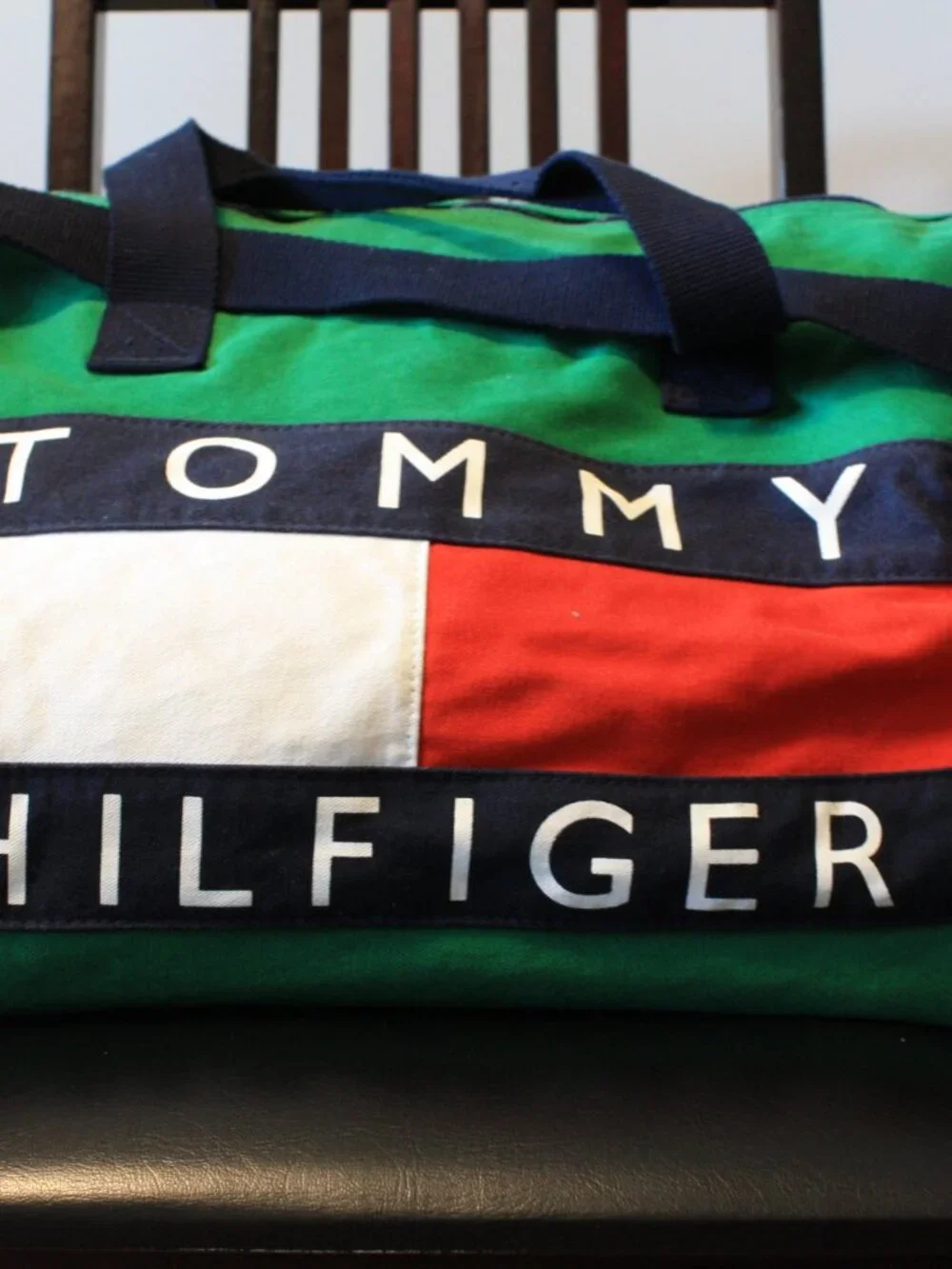 Tommy Hilfiger, Barrel Style gym tote. Green, red, white and blue